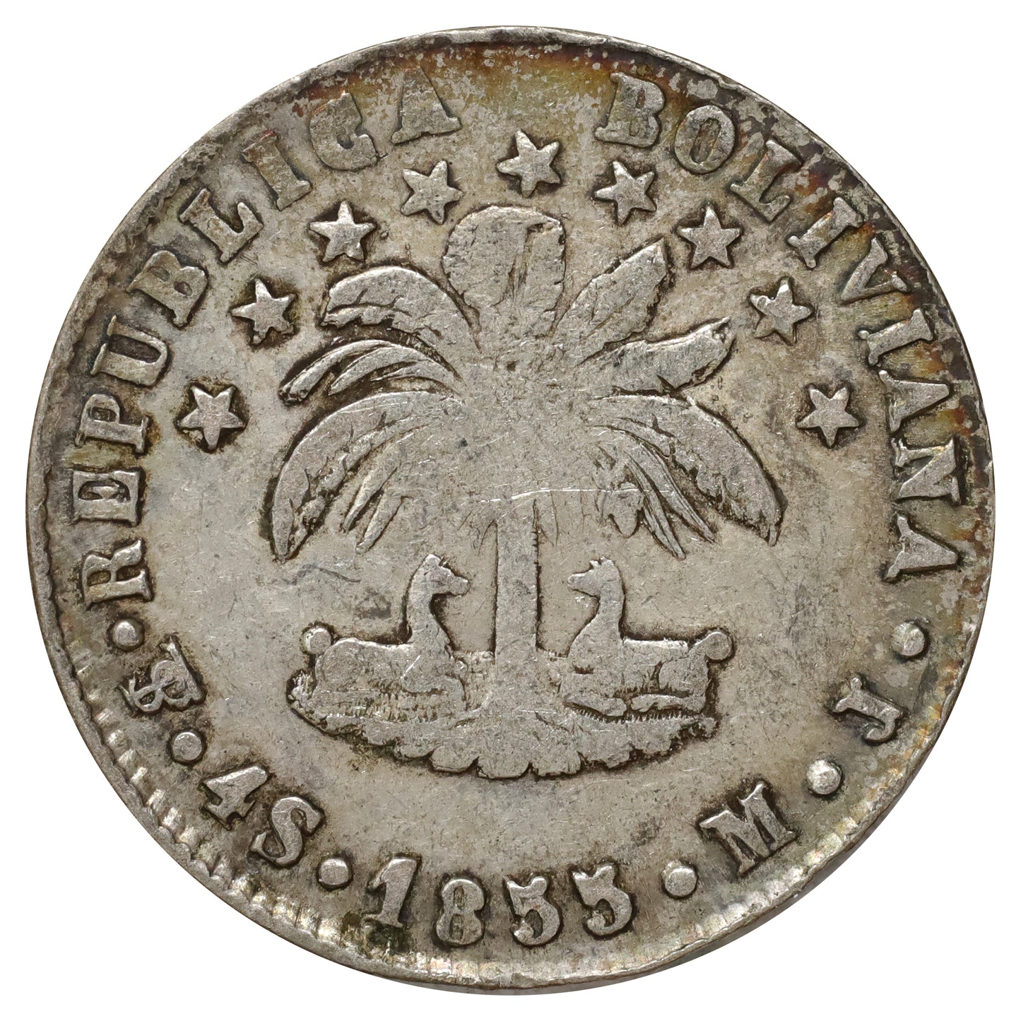 Bolivia 1855 4 Soles Extra Fine (EF40) rim bump