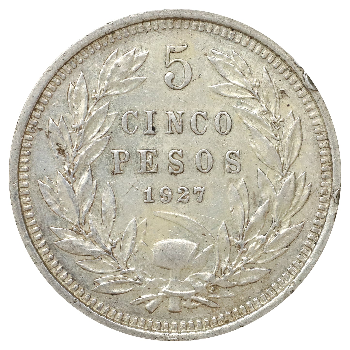 Chile 1927 5 Pesos Extra Fine (EF40) toned