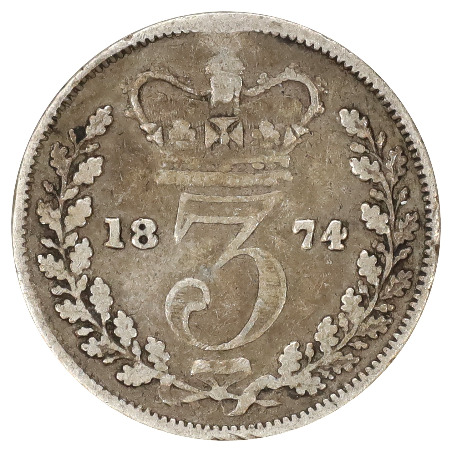 Great Britain 1874 Threepence Very Good (VG8) toned