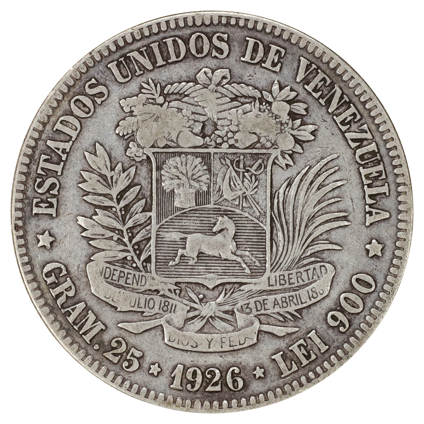 Venezuela 1926 5 Bolivares Very Fine (VF20) DOD