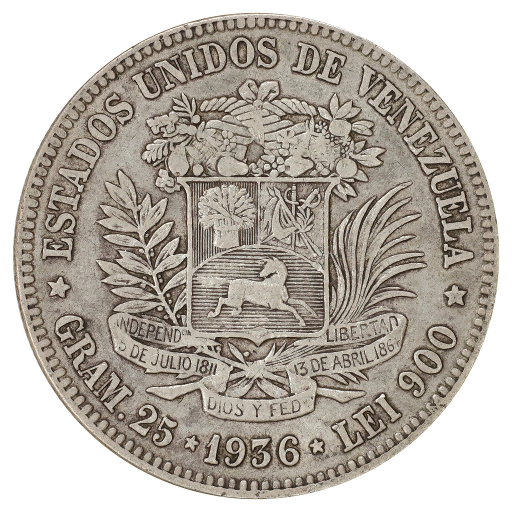 Venezuela 1936 5 Bolivares Very Fine (VF20) DOD