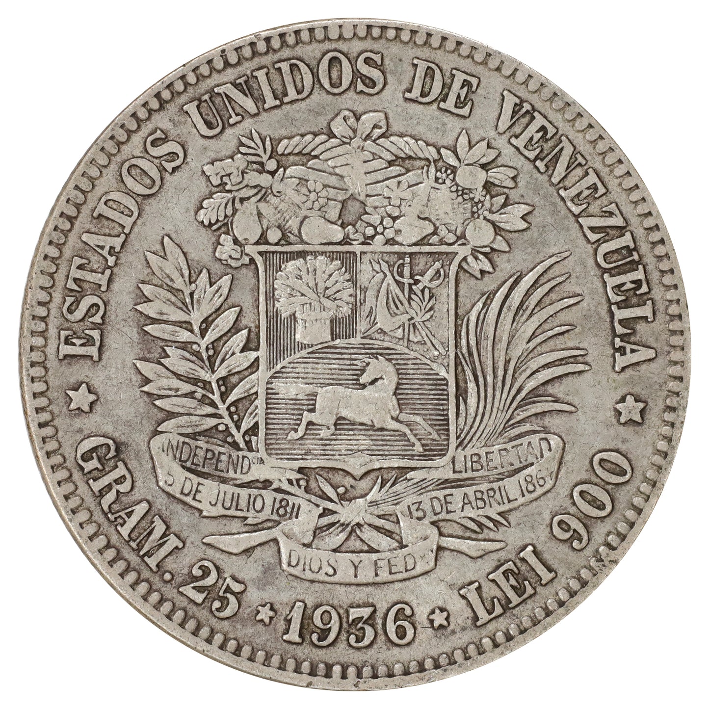 Venezuela 1936 5 Bolivares Very Fine (VF20) DOD