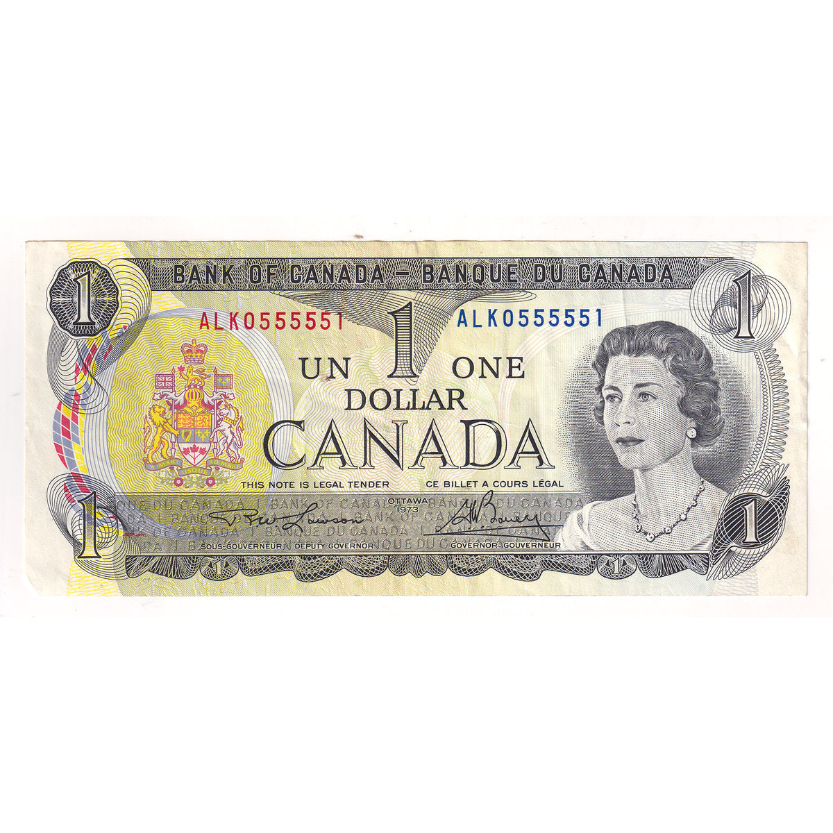 BC-46a-i 1973 Canada $1 Lawson-Bouey, Neat Number ALK0555551, Very Fine (VF20) DOP