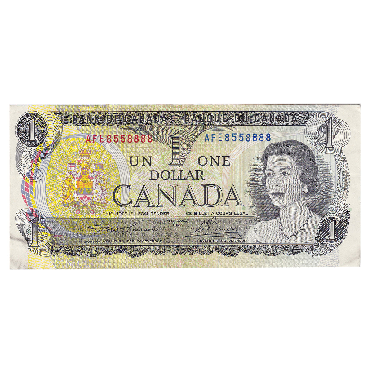 BC-46a-i 1973 Canada $1 Lawson-Bouey, Neat Number AFE8558888, Extra Fine (EF40) tear