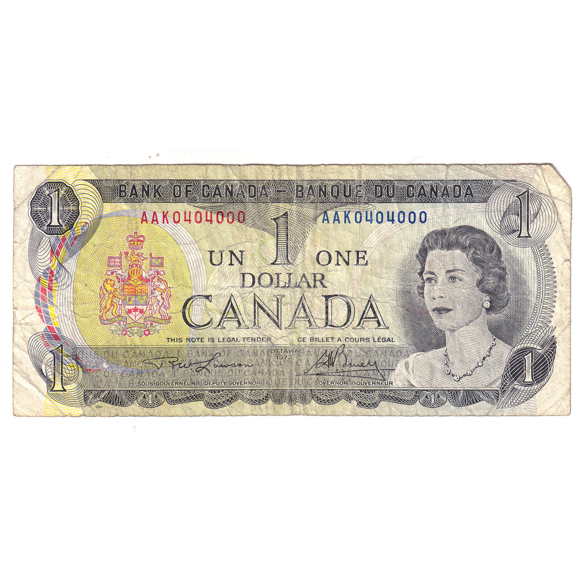BC-46a-i 1973 Canada $1 Lawson-Bouey, Neat Number AAK0404000, Circulated (DOP)
