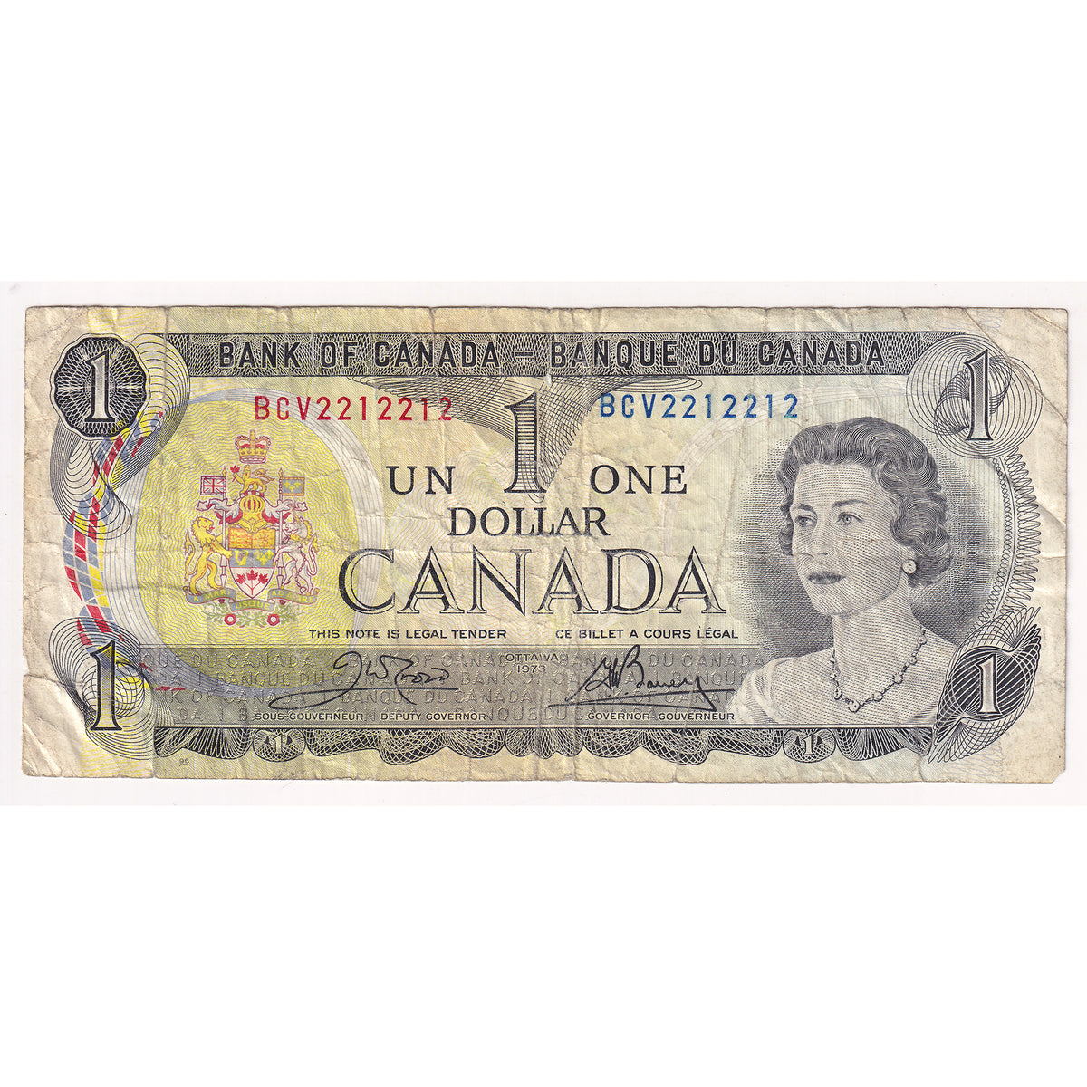 BC-46b-N10-ii 1973 Canada $1 Crow-Bouey, 3 Cycle Repeater BCV2212212, Circulated (DOP)