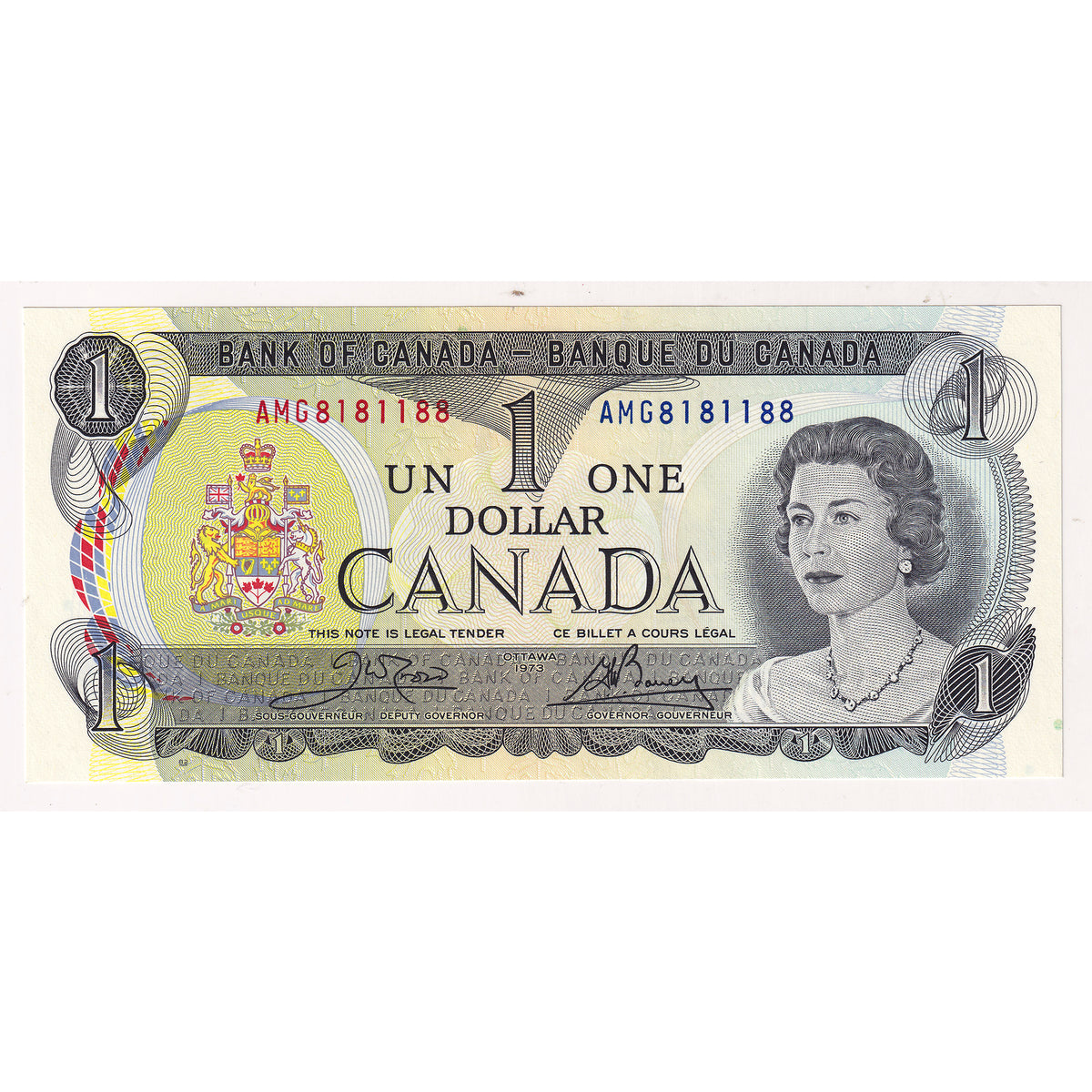 BC-46b 1973 Canada $1 Crow-Bouey, Neat Number AMG8181188, Choice Uncirculated (DOP)