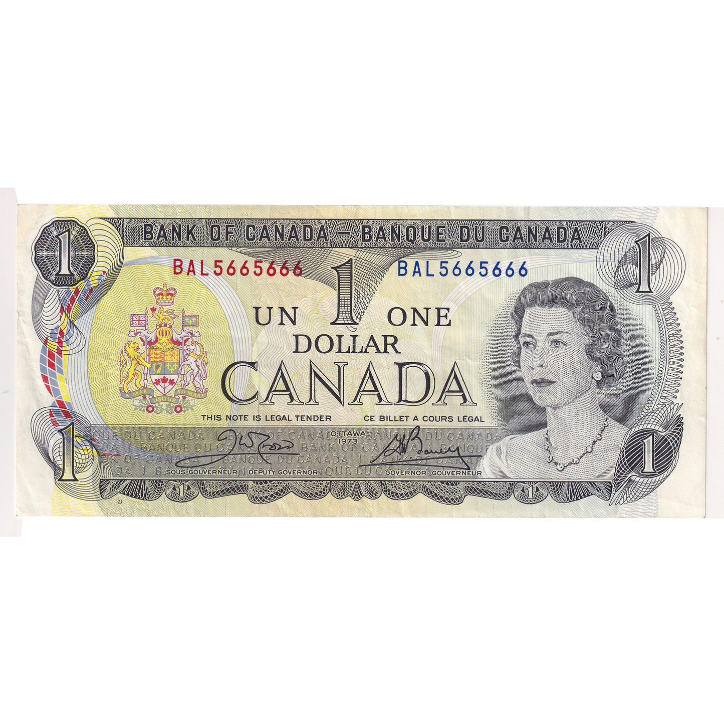 BC-46b 1973 Canada $1 Crow-Bouey, Neat Number BAL5665666, Very Fine (VF20) DOP