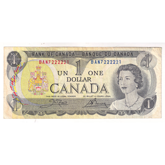BC-46b 1973 Canada $1 Crow-Bouey, Neat Number BAN7222221, Circulated (DOP)