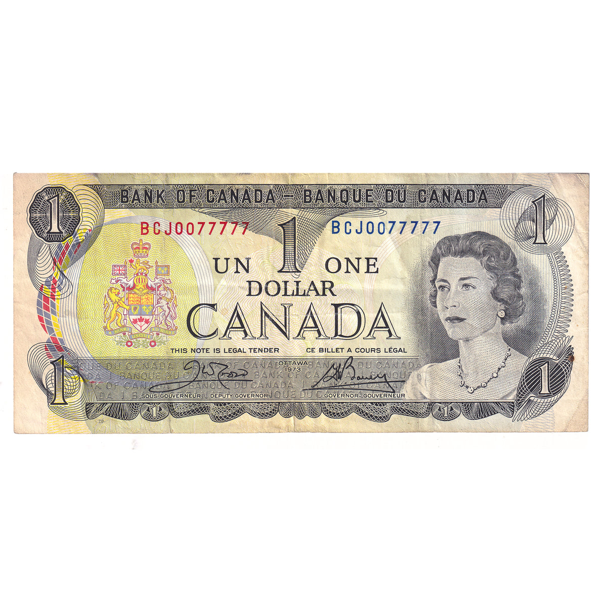 BC-46b 1973 Canada $1 Crow-Bouey, Neat Number BCJ0077777, Circulated (DOP)