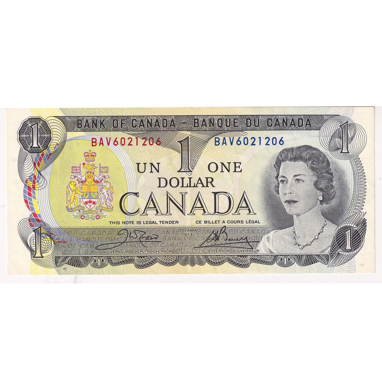BC-46b-N1-iii 1973 Canada $1 Crow-Bouey, 4-Digit RADAR BAV6021206, Extra Fine (EF40) DOP