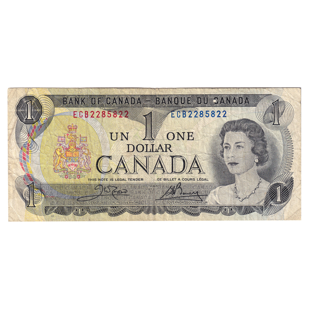 BC-46b-N1-iii 1973 Canada $1 Crow-Bouey, 3-Digit RADAR ECB2285822, Circulated (DOP)