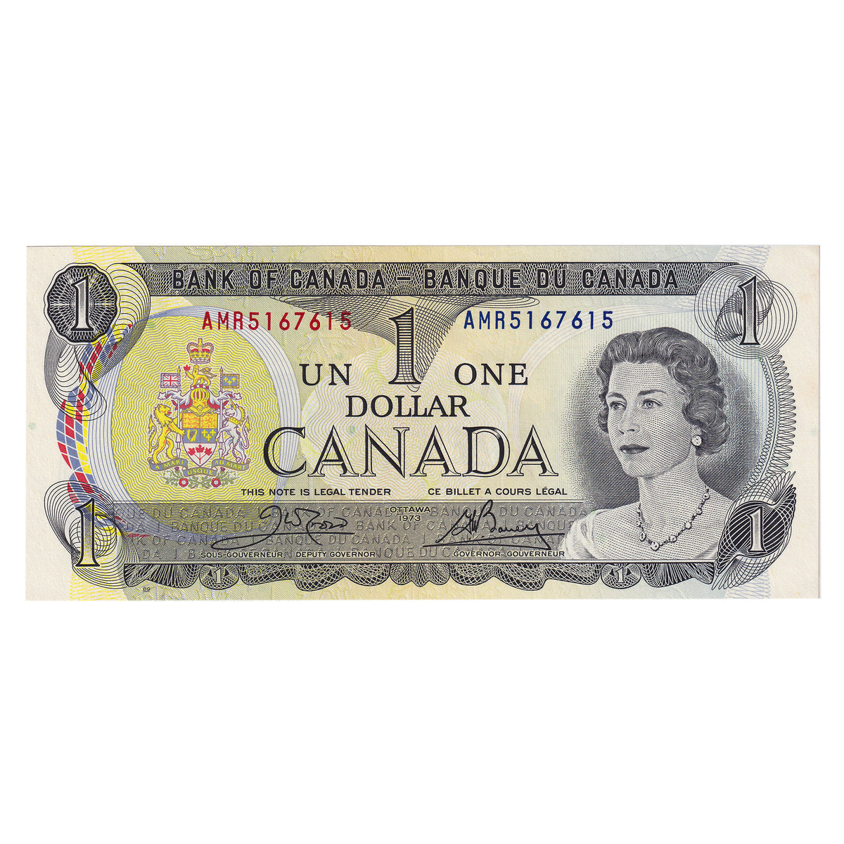 BC-46b-N1-iii 1973 Canada $1 Crow-Bouey, 4-Digit RADAR AMR5167615, AU-UNC (AU55) DOP