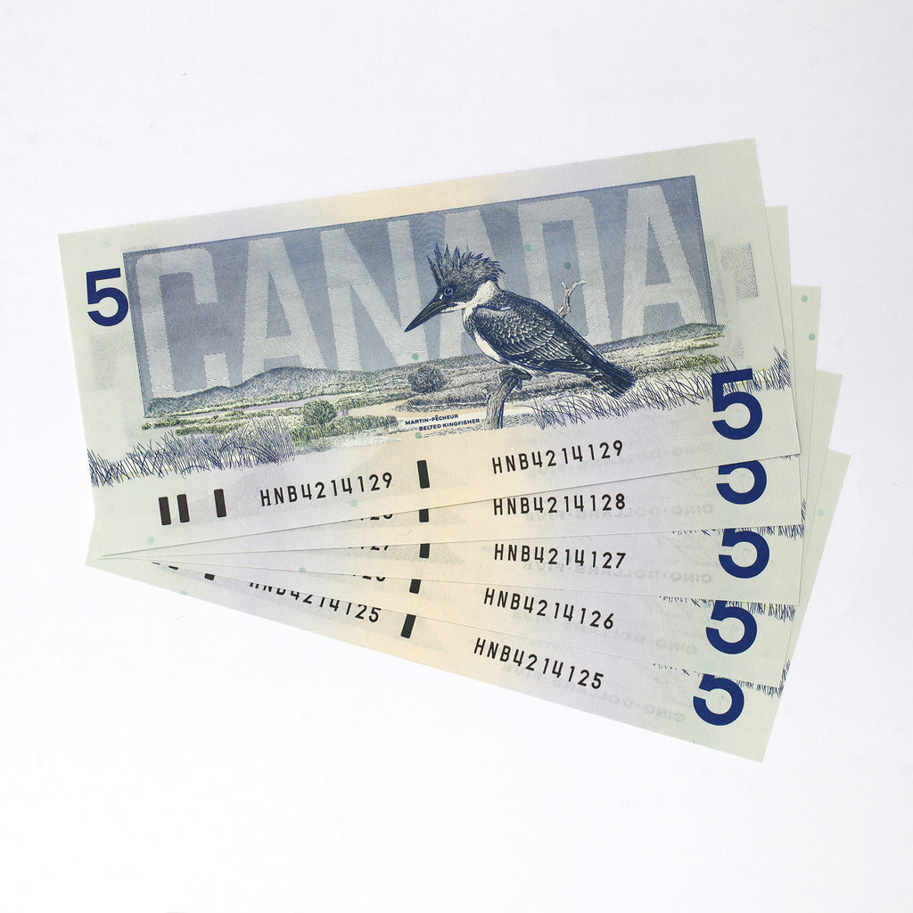 Lot of 5x Sequential 1986 Canada $5 Notes, Knight-Dodge, HNB, 5pcs