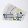 Lot of 5x Sequential 1986 Canada $5 Notes, Knight-Dodge, HNB, 5pcs