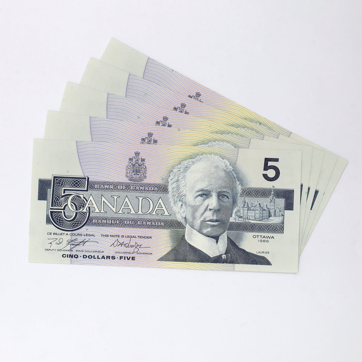 Lot of 5x Sequential 1986 Canada $5 Notes, Knight-Dodge, HNB, 5pcs