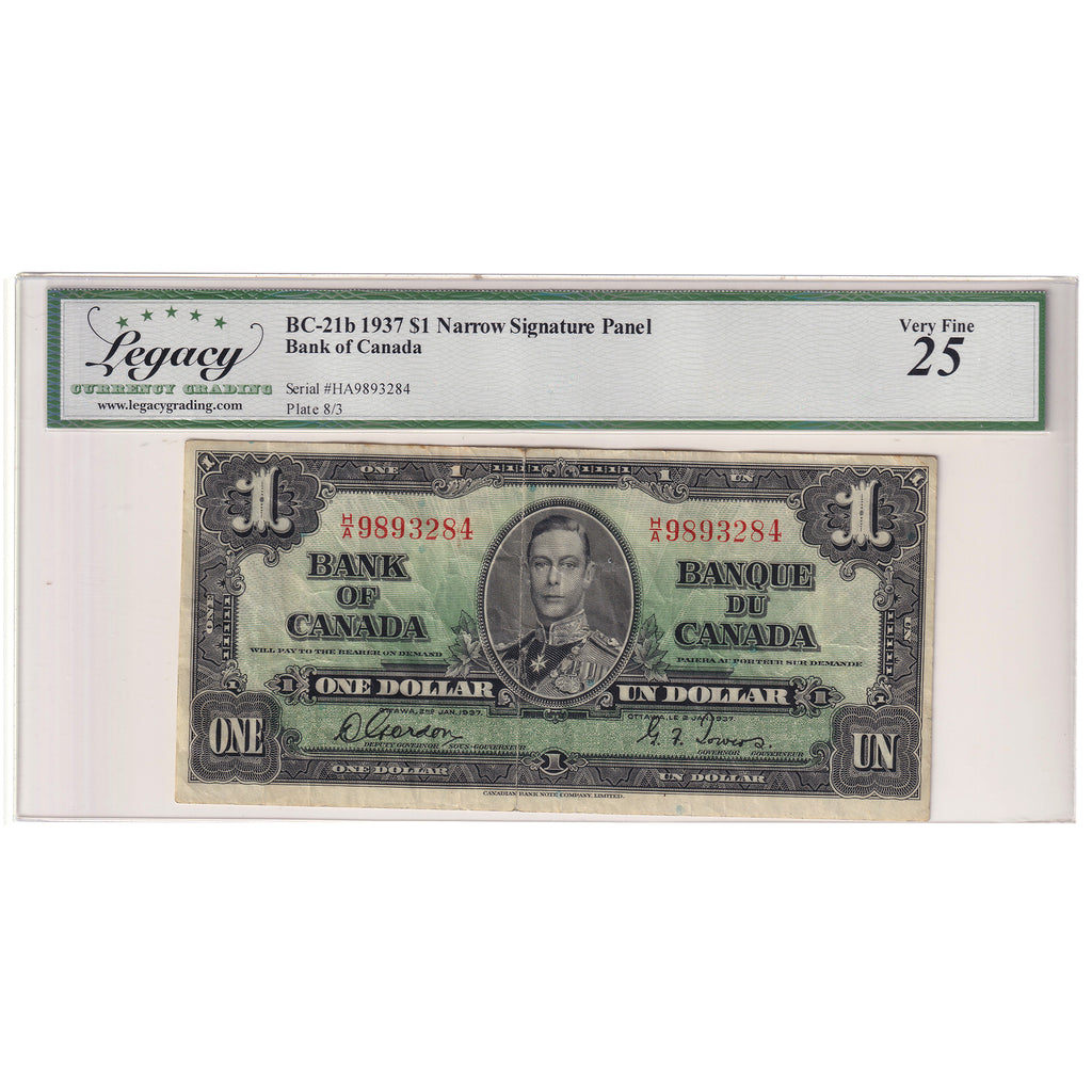 BC-21b 1937 Canada $1 Gordon-Towers, Narrow Sig. Panel, H/A, Legacy Cert. VF25 (stain)