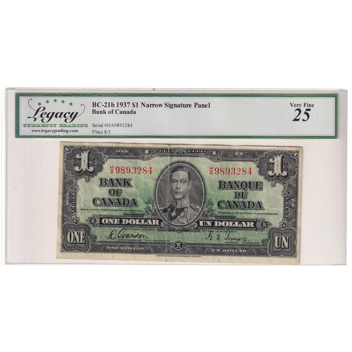 BC-21b 1937 Canada $1 Gordon-Towers, Narrow Sig. Panel, H/A, Legacy Cert. VF25 (stain)