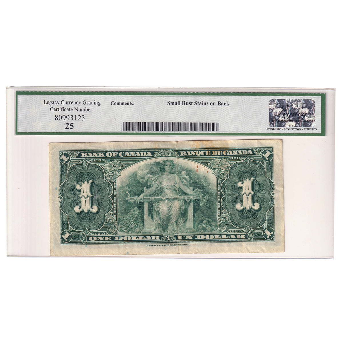 BC-21b 1937 Canada $1 Gordon-Towers, Narrow Sig. Panel, H/A, Legacy Cert. VF25 (stain)