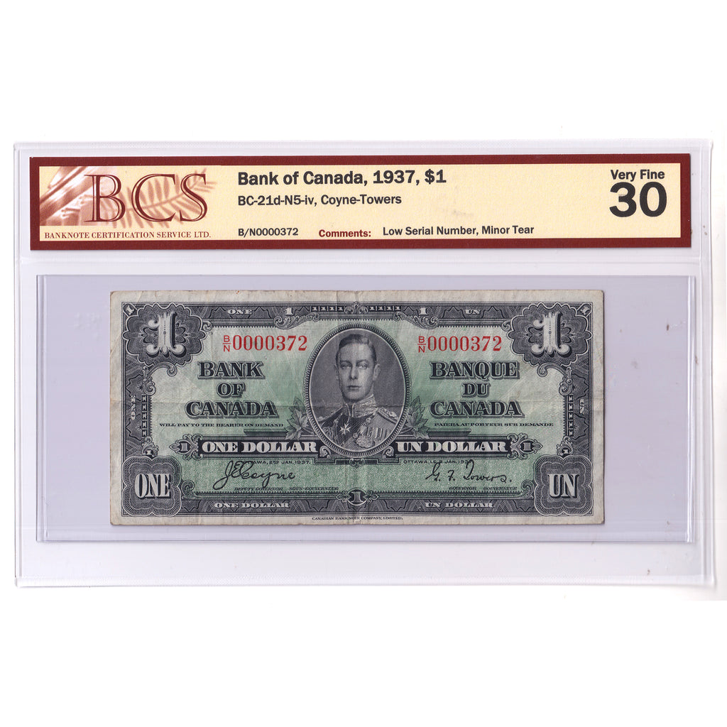 BC-21d-N5-iv 1937 Canada $1 Coyne-Towers, Low Serial Number, B/N, BCS Cert. VF30 (tear)