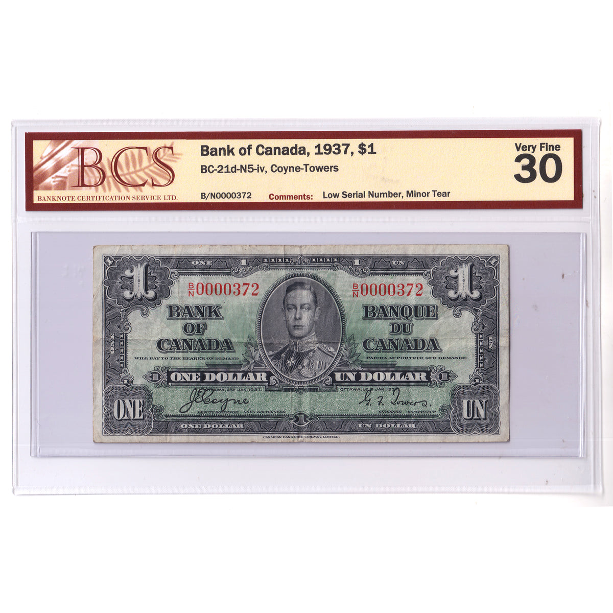 BC-21d-N5-iv 1937 Canada $1 Coyne-Towers, Low Serial Number, B/N, BCS Cert. VF30 (tear)