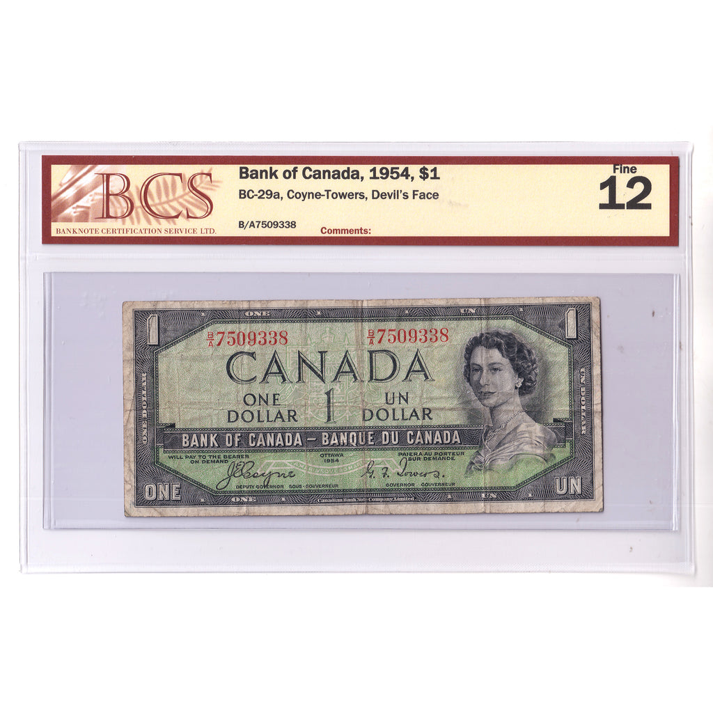 BC-29a 1954 Canada $1 Coyne-Towers, Devil's Face, B/A, BCS Certified F12 (DOP)