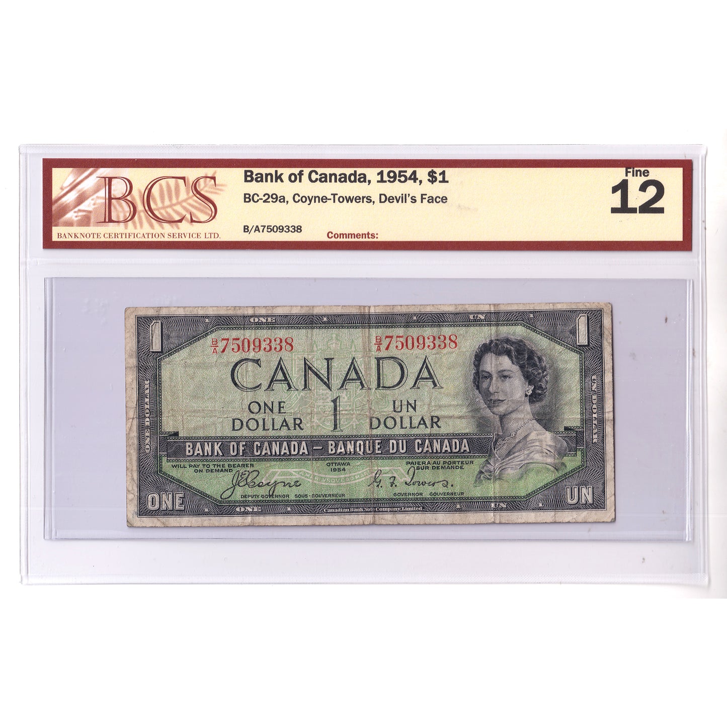 BC-29a 1954 Canada $1 Coyne-Towers, Devil's Face, B/A, BCS Certified F12 (DOP)