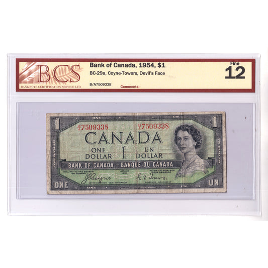 BC-29a 1954 Canada $1 Coyne-Towers, Devil's Face, B/A, BCS Certified F12 (DOP)