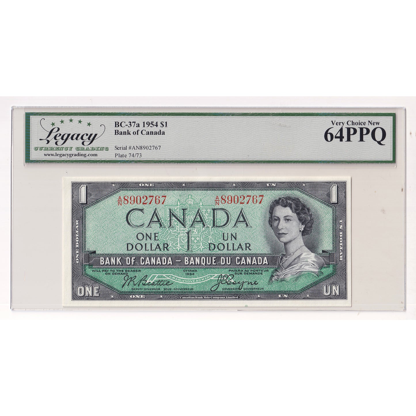 BC-37a 1954 Canada $1 Beattie-Coyne, A/N, Legacy Certified CUNC64 (DOP)