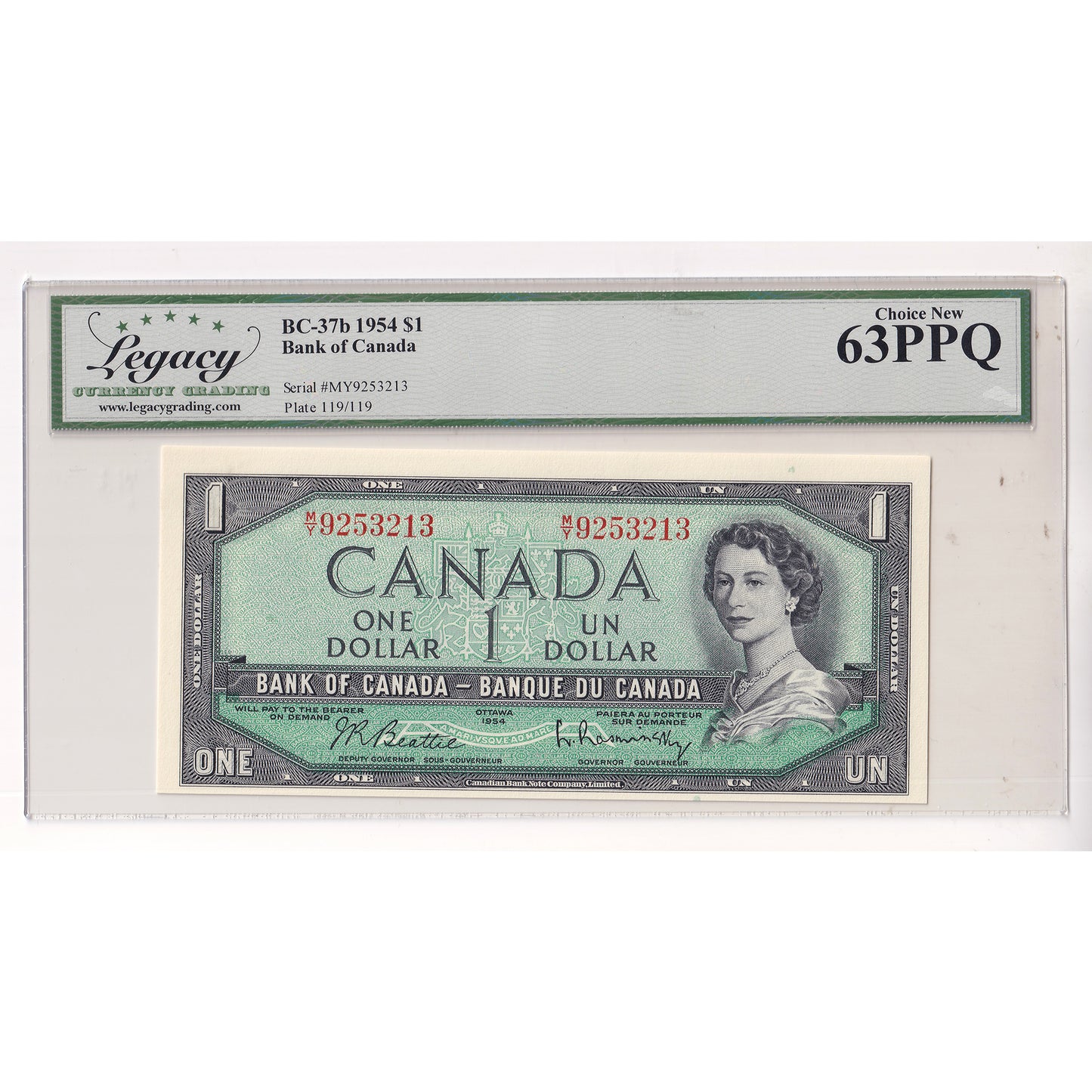 BC-37b 1954 Canada $1 Beattie-Rasminsky, M/Y, Legacy Certified CUNC63 (DOP)
