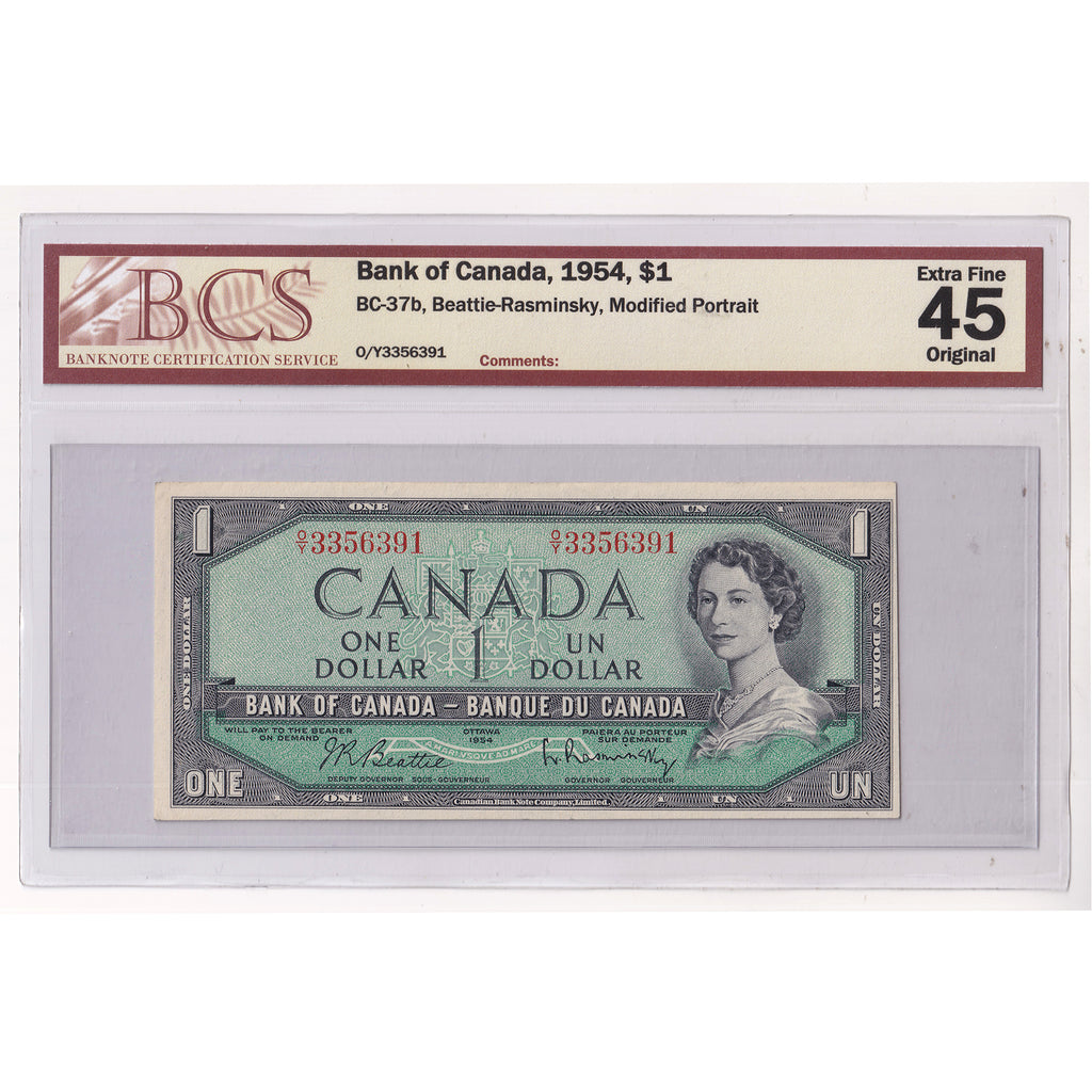 BC-37b 1954 Canada $1 Beattie-Rasminsky, Modified Portrait, O/Y, BCS Certified EF45 (DOP)