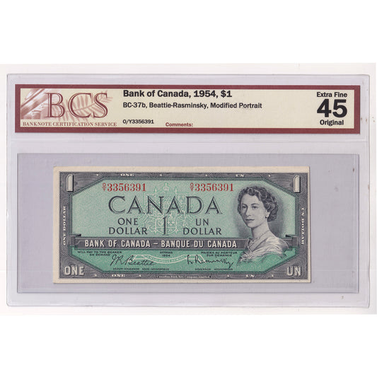BC-37b 1954 Canada $1 Beattie-Rasminsky, Modified Portrait, O/Y, BCS Certified EF45 (DOP)