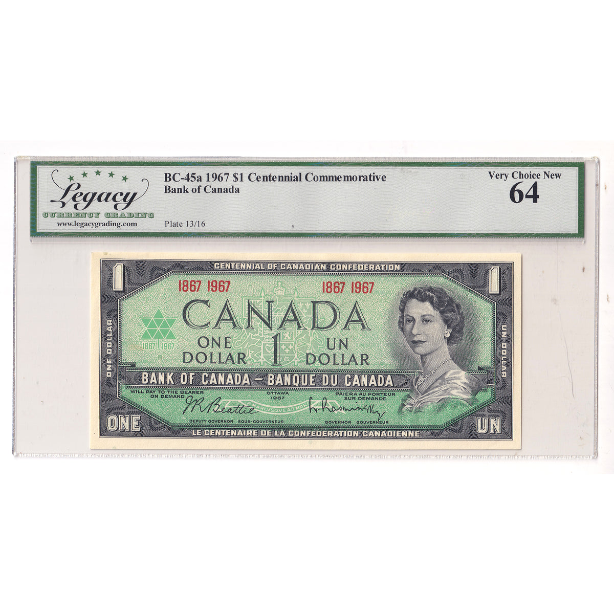 BC-45a 1967 Canada $1 Beattie-Rasminsky, No Serial Number, Legacy Certified CUNC64 (DOP)