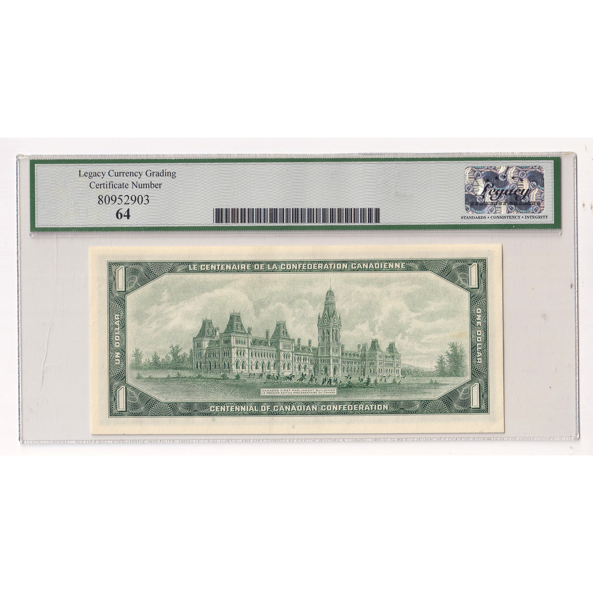 BC-45a 1967 Canada $1 Beattie-Rasminsky, No Serial Number, Legacy Certified CUNC64 (DOP)