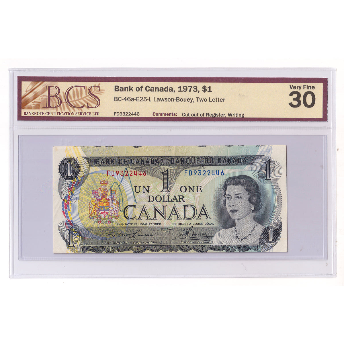 BC-46a-E25-i 1973 Canada $1 Lawson-Bouey, 2 Letter Serial FD, BCS Cert. VF30 (issues)
