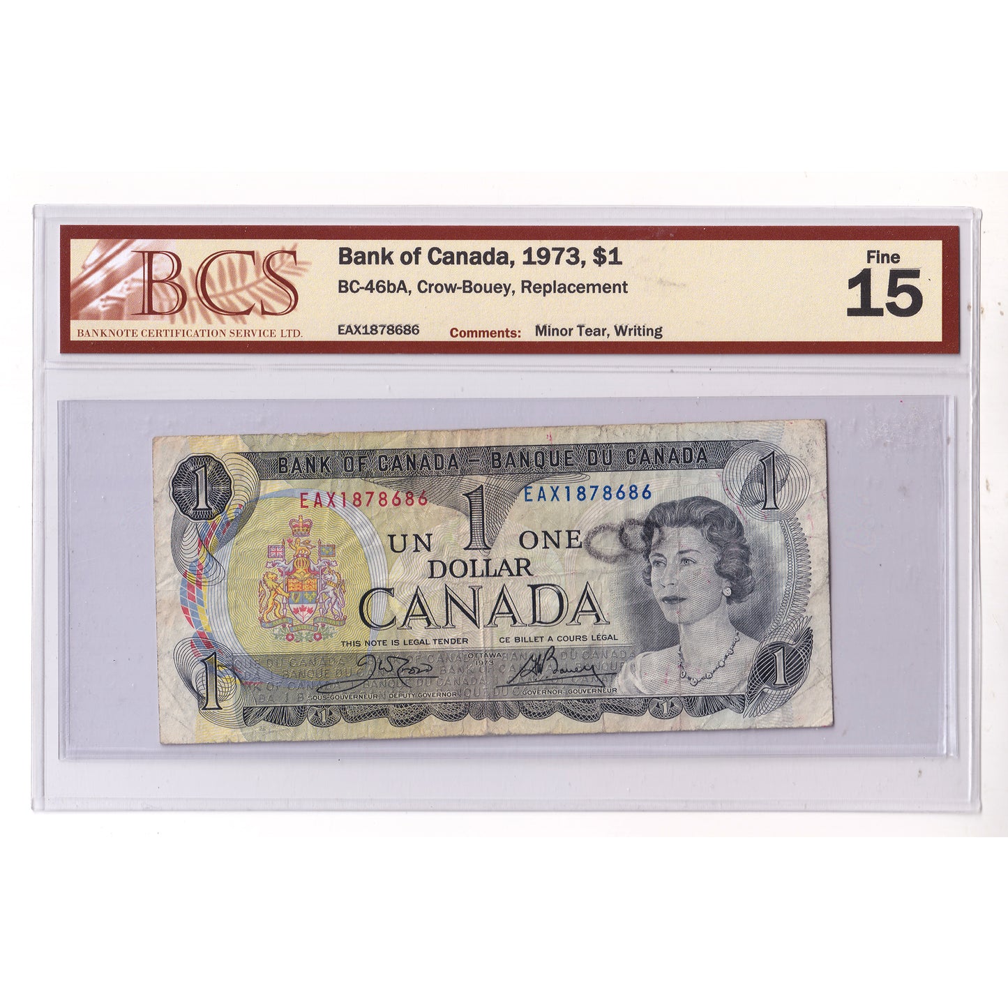 BC-46bA 1973 Canada $1 Crow-Bouey, Replacement, EAX, BCS Cert. F15 (minor tear, writing)