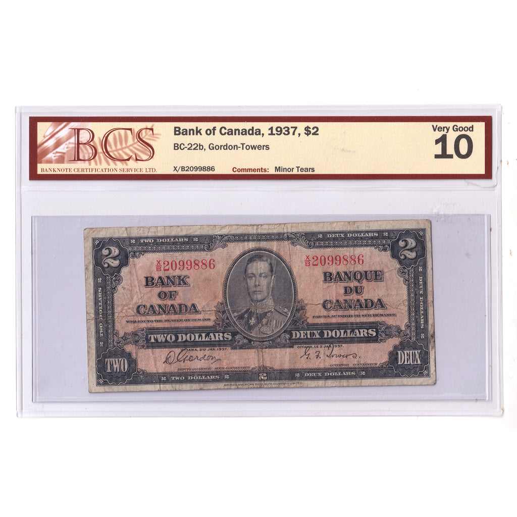 BC-22b 1937 Canada $2 Gordon-Towers, X/B, BCS Certified VG10 (minor tears)