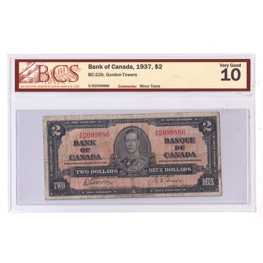 BC-22b 1937 Canada $2 Gordon-Towers, X/B, BCS Certified VG10 (minor tears)