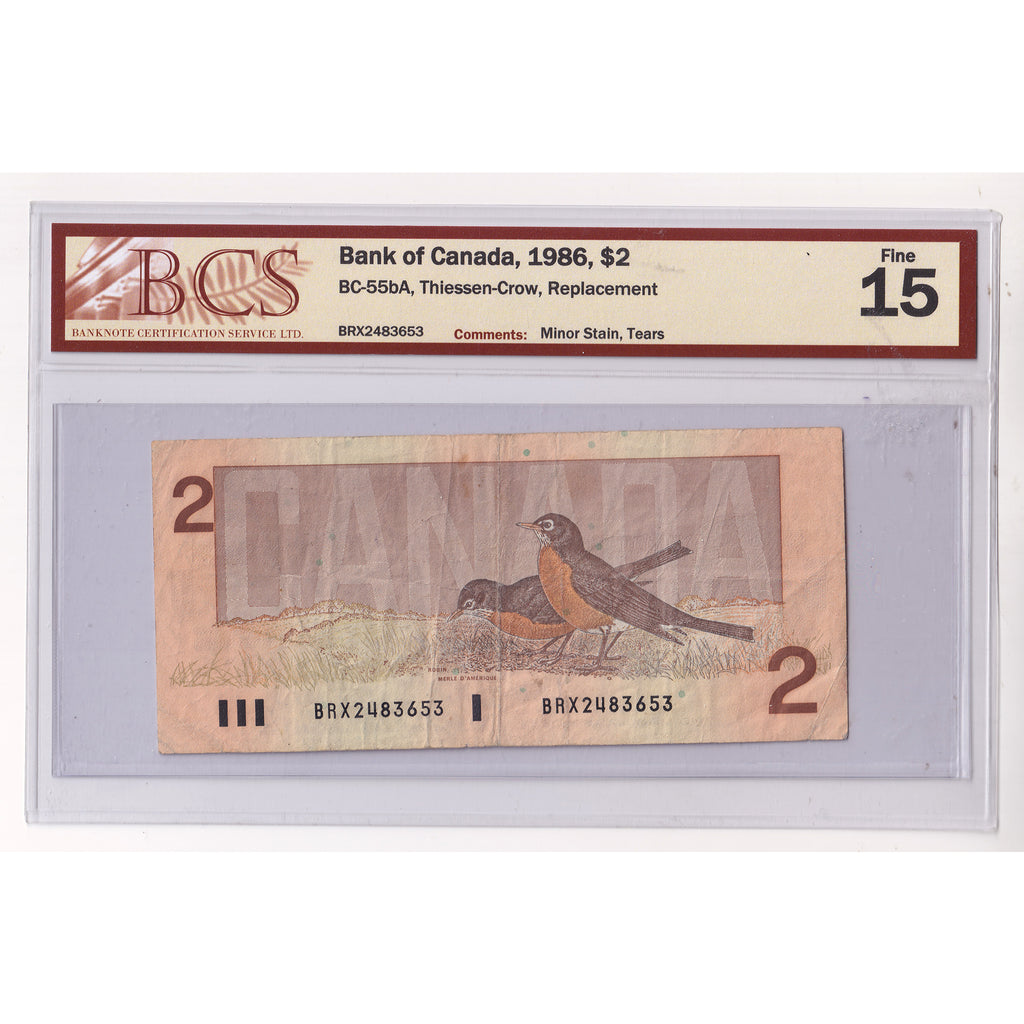 BC-55bA 1986 Canada $2 Thiessen-Crow, Replacement, BRX, BCS Certified F15 (stain, tears)