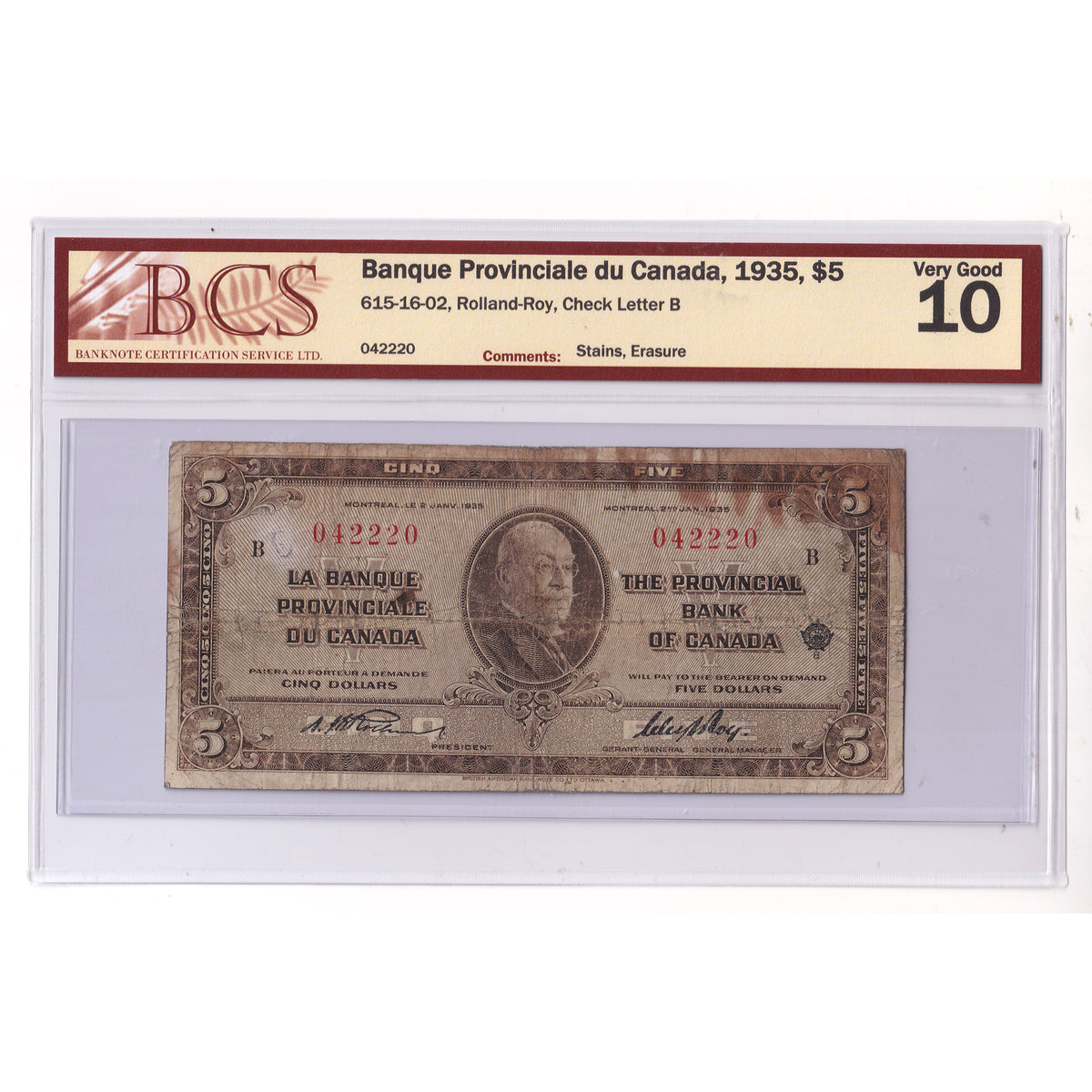 615-16-02 1935 Banque Provinciale $5 Rolland-Roy, Check Letter B, BCS Cert. VG10 (issues)
