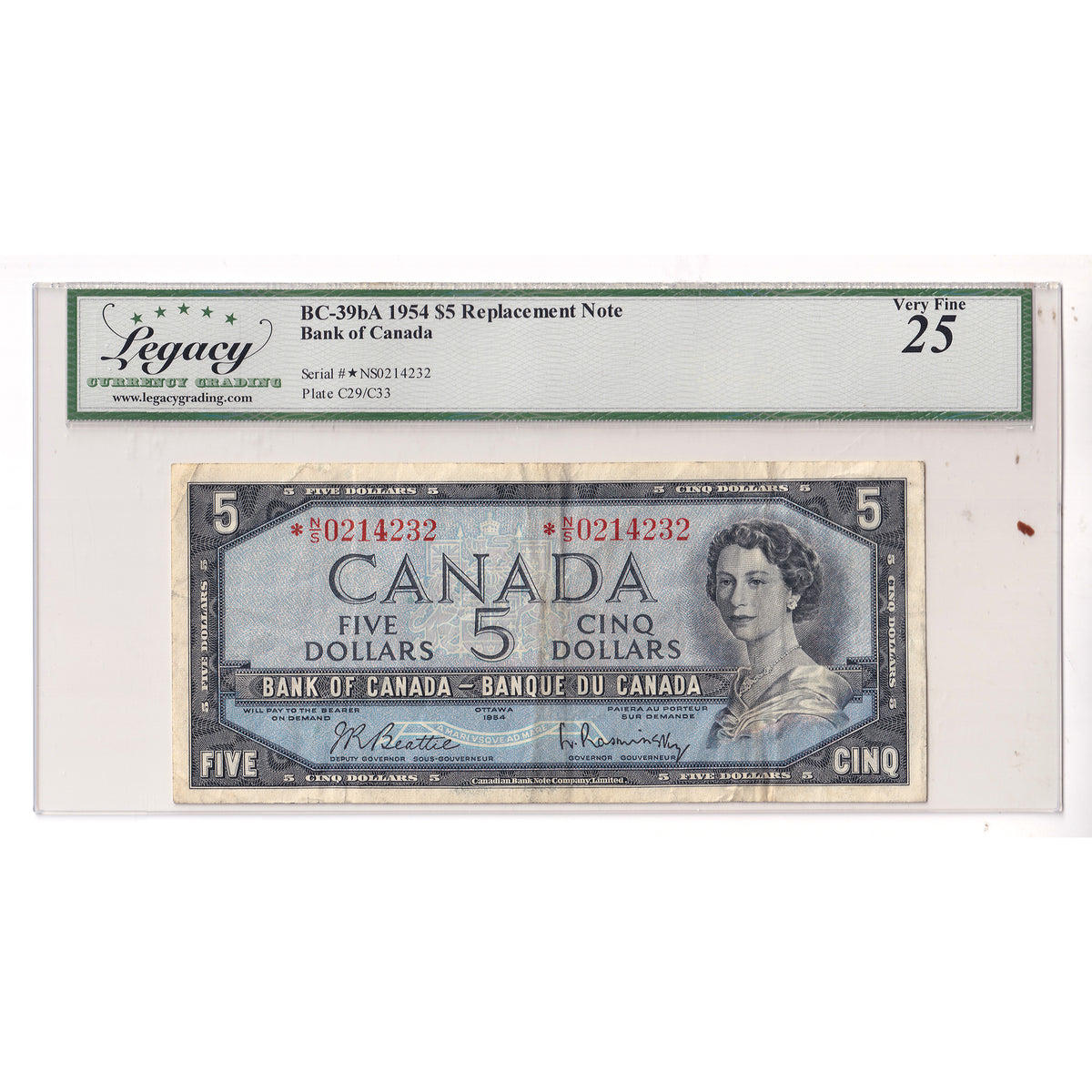 BC-39bA 1954 Canada $5 Beattie-Rasminsky, Replacement, N/S, Legacy Certified VF25 (tear)
