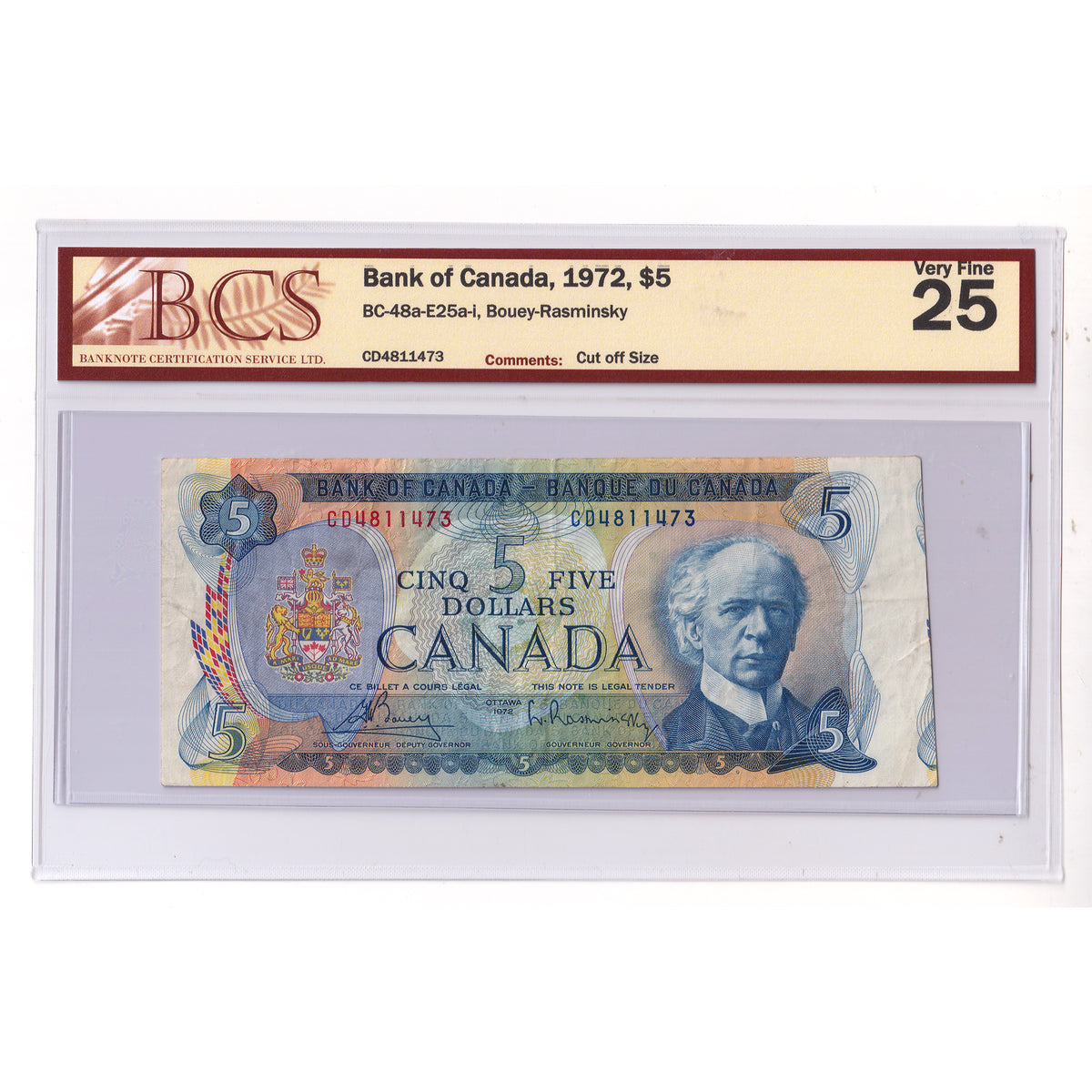 BC-48a-E25a-i 1972 Canada $5 Bouey-Rasminsky, CD, BCS Certified VF25 (cut off size)