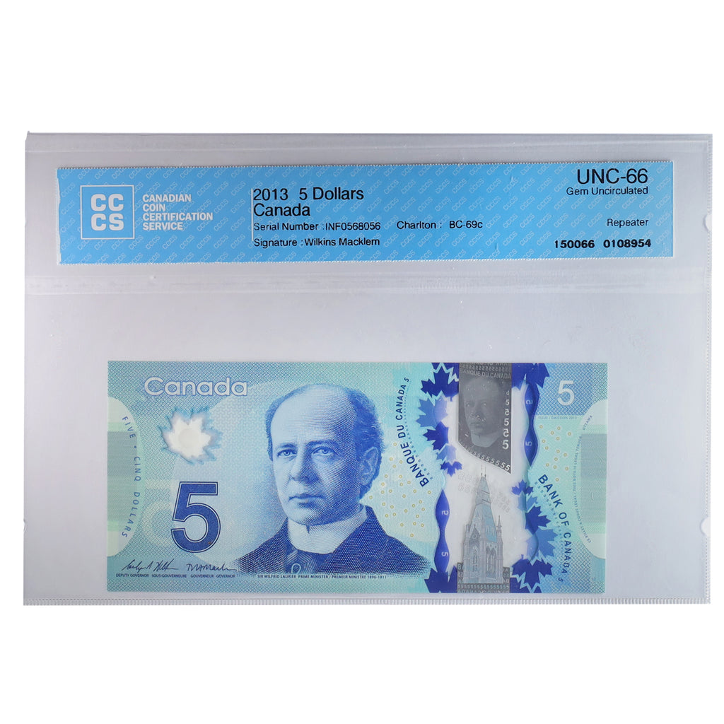 BC-69c 2013 Canada $5 Wilkins-Macklem, Repeater INF0568056, CCCS Certified GUNC66 (DOP)