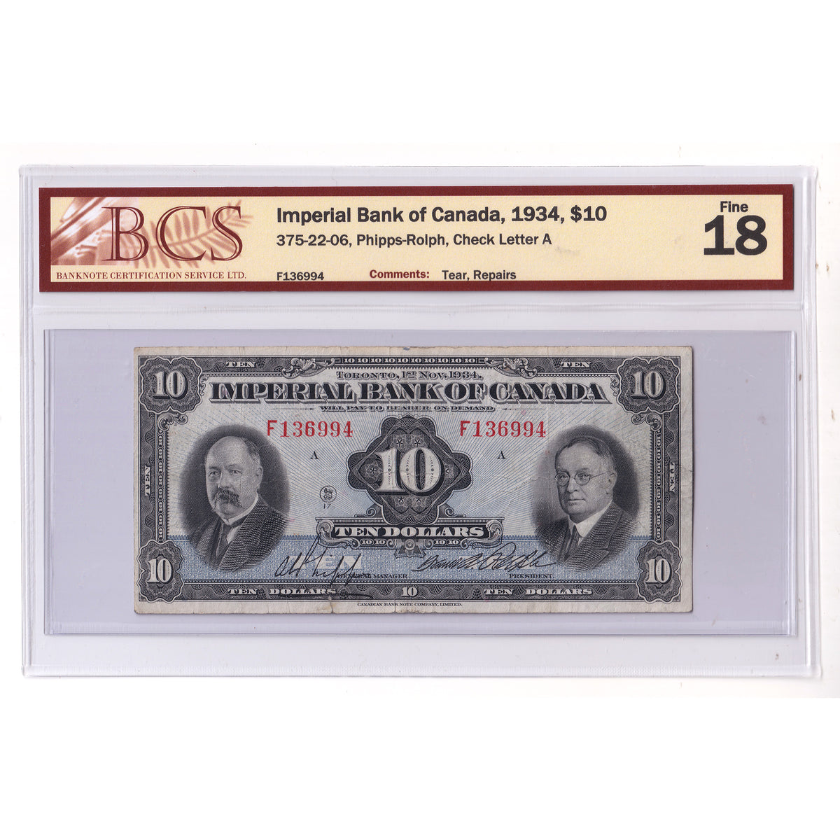 375-22-06 1934 Imperial Bank $10 Phipps-Rolph, Check Letter A, F, BCS Cert. F18 (issues)