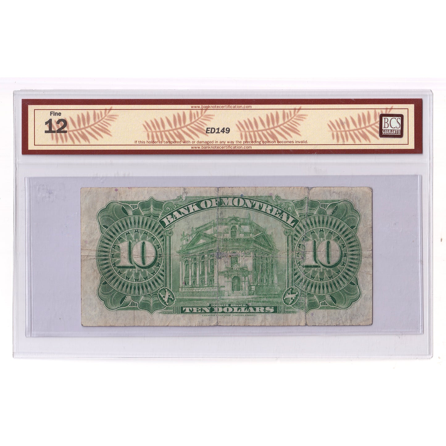 505-60-04 1935 Bank of Montreal $10 Dodds-Gordon, Check Letter D, BCS Cert. F12 (holes)