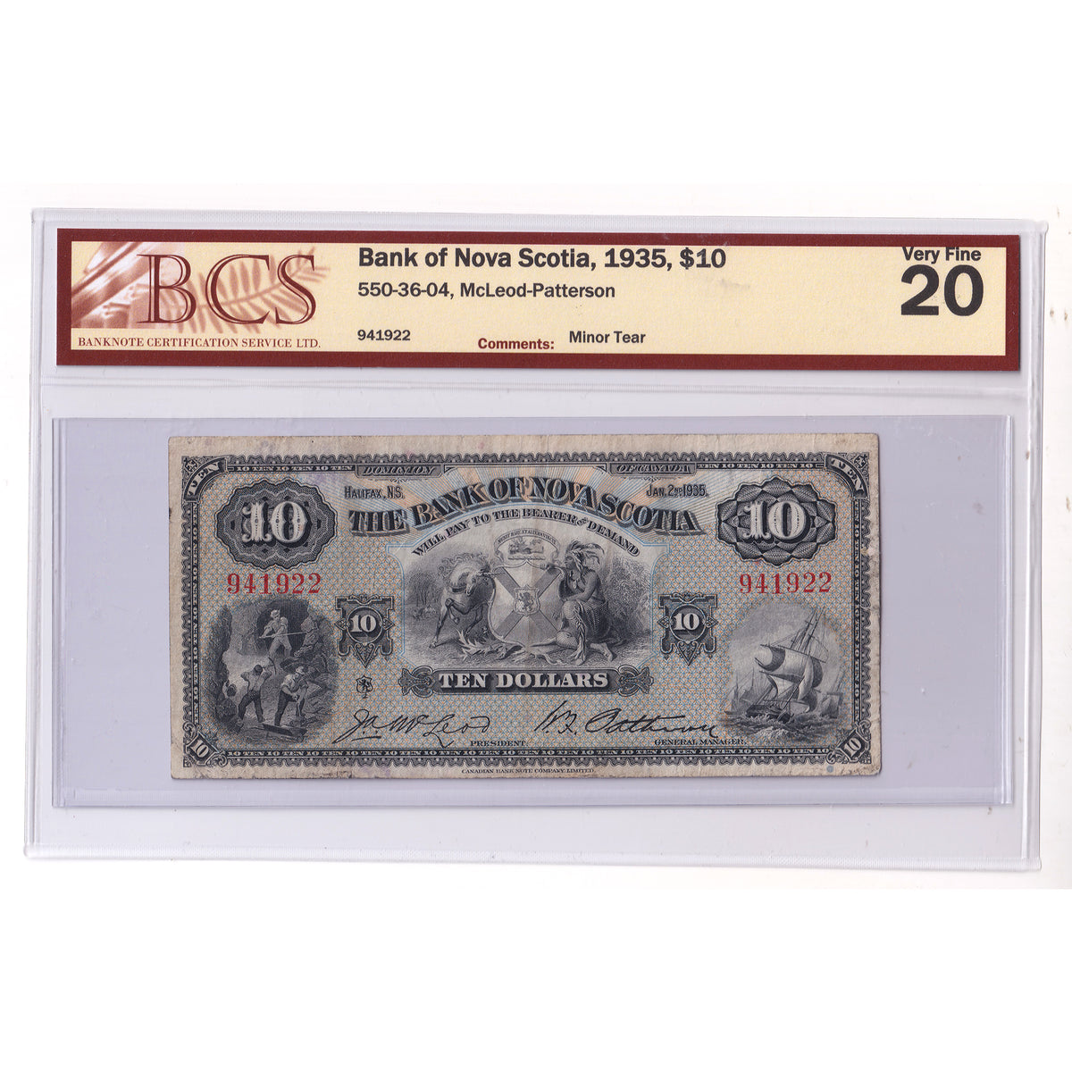 550-36-04 1935 Bank of Nova Scotia $10 McLeod-Patterson, BCS Certified VF20 (minor tear)