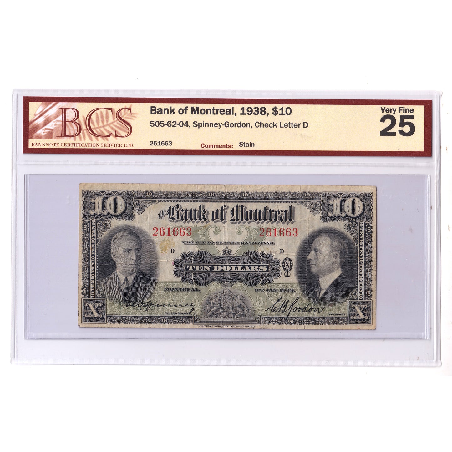 505-62-04 1938 Bank of Montreal $10 Spinney-Gordon, Check Letter D, BCS Crt. VF25 (stain)