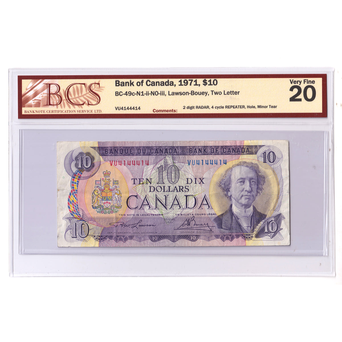 BC-49c-N1-ii-N0-iii 1971 Canada $10 L-B, 2 Let 2-RAD 4-Rep VU4144414, BCS Crt VF20 (iss.)