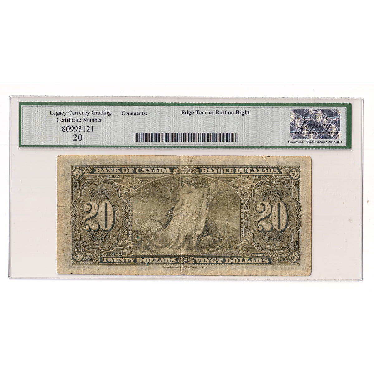 BC-25a 1937 Canada $20 Osbourne-Towers, A/E, Legacy Certified VF20 (tear)