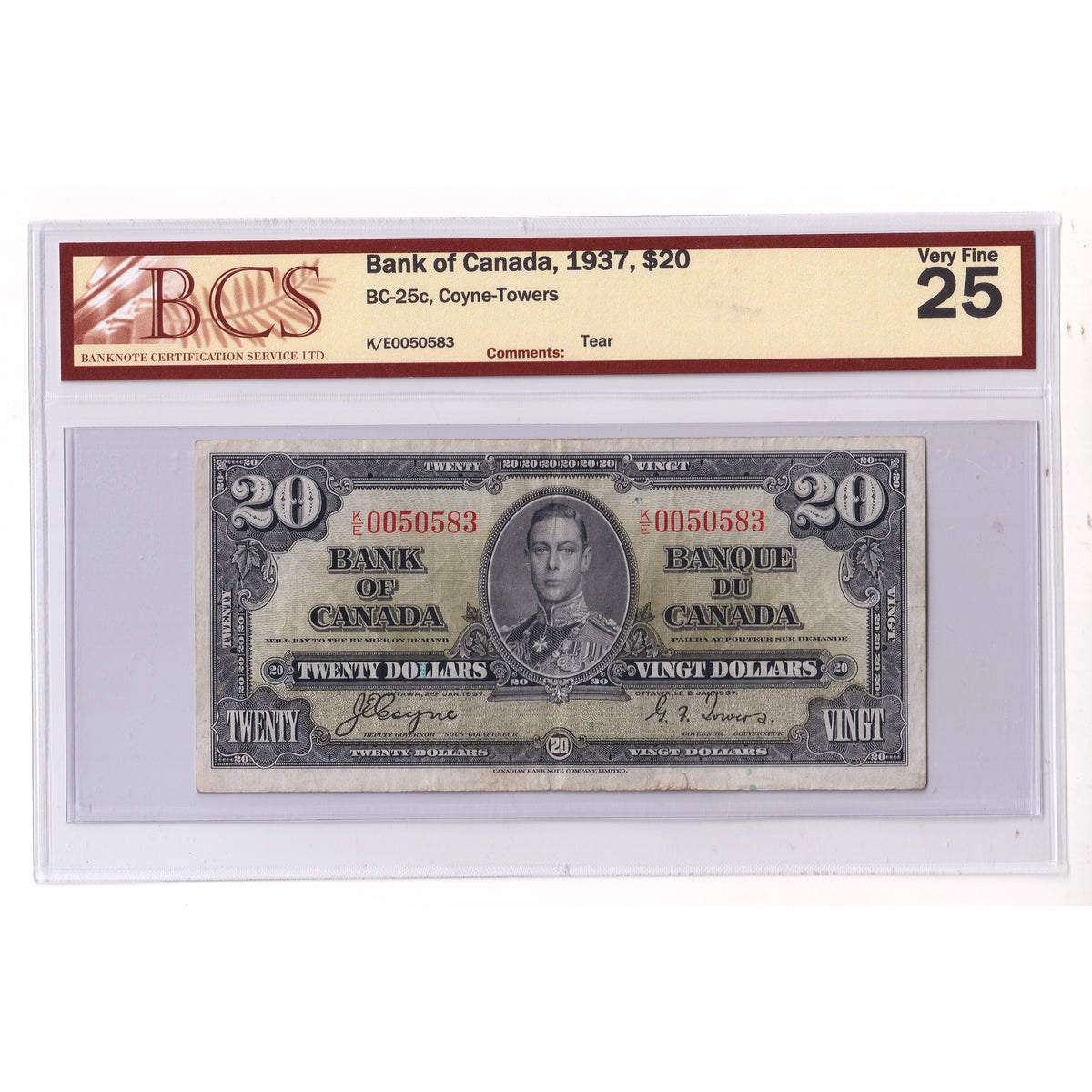 BC-25c 1937 Canada $20 Coyne-Towers, K/E, BCS Certified VF25 (tear)
